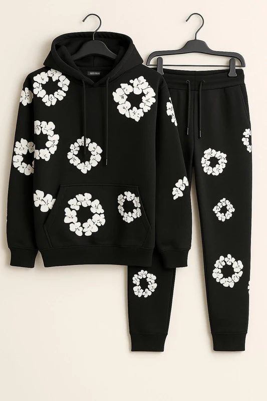 Tuta Sportiva Nera con Fiori Bianchi - Felpa e Pantaloni